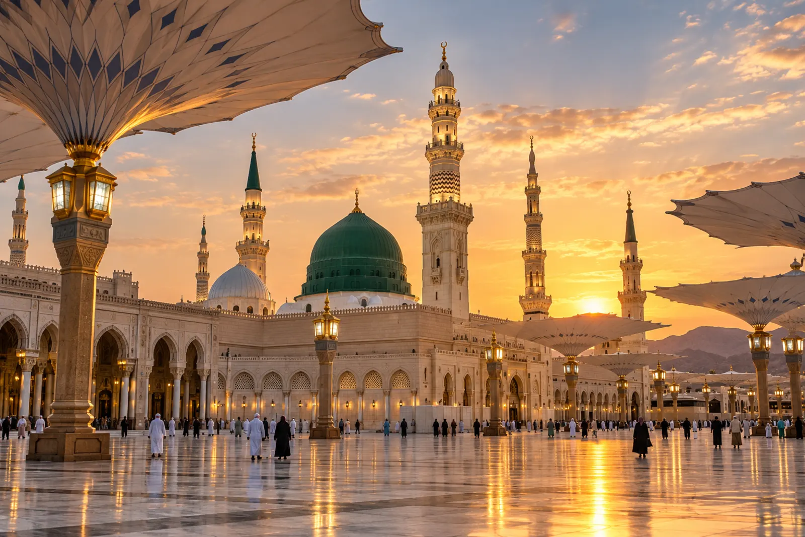 A calm Madinah courtyard at sunset