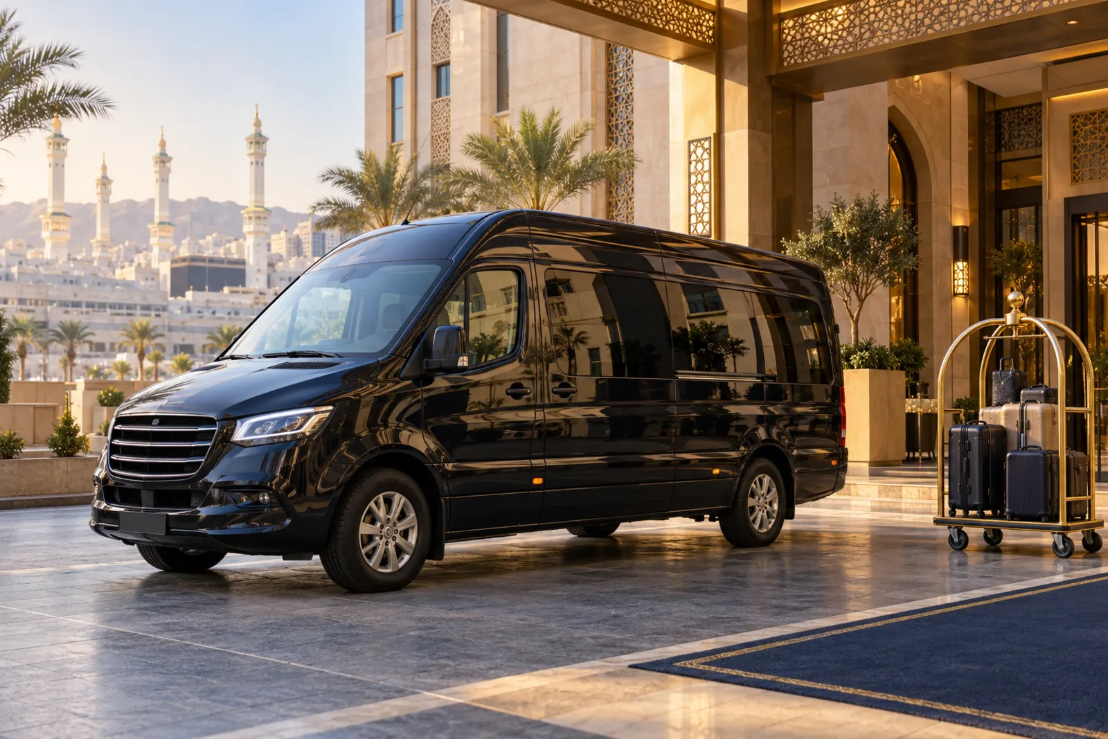 A private transfer vehicle waiting outside a hotel in Saudi Arabia