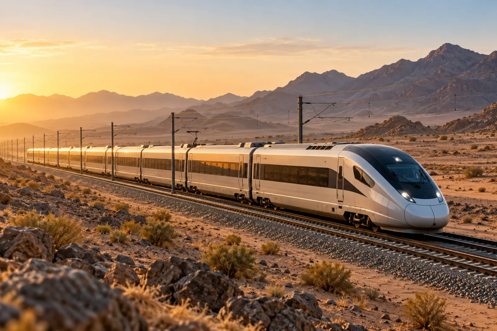 A high-speed train crossing the Saudi desert between Makkah and Madinah