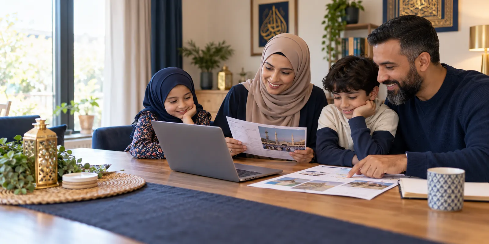 A British Muslim family planning their Umrah journey together at home