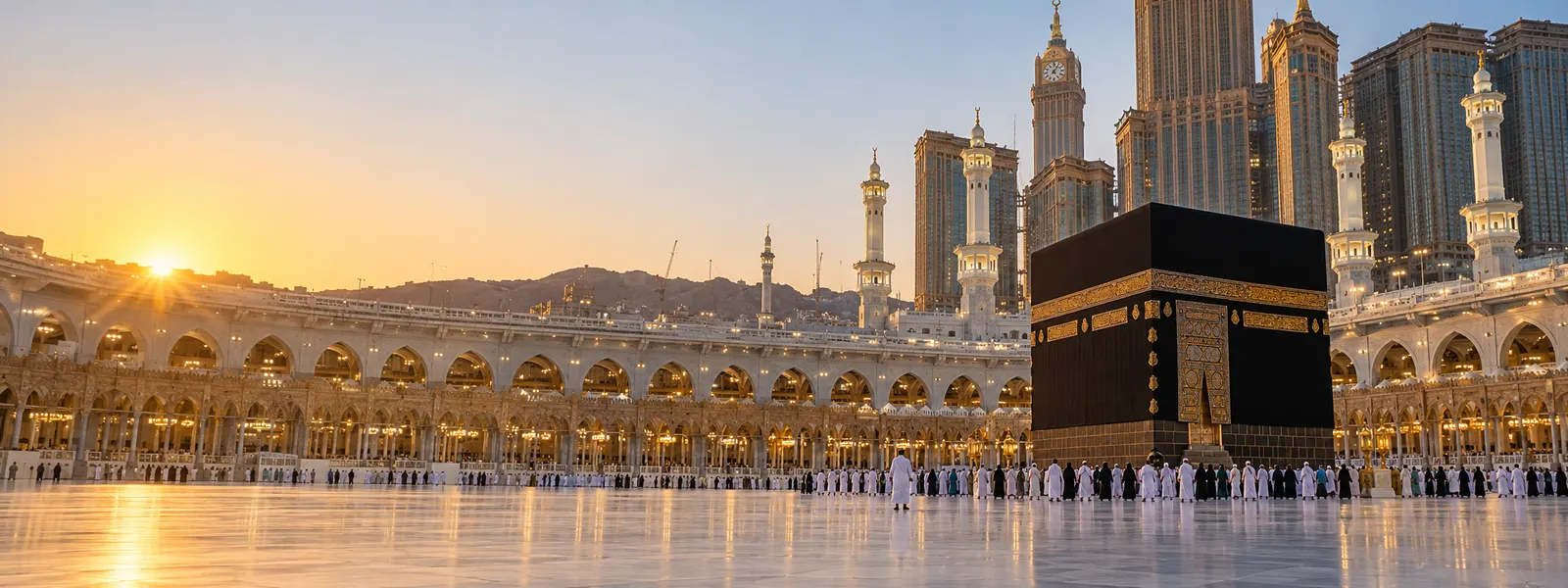 Masjid al-Haram and the Kaaba in soft dawn light